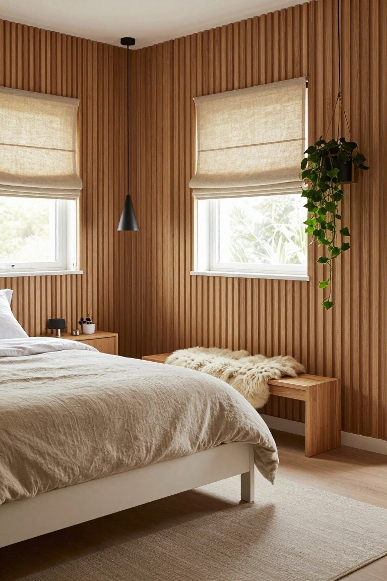 Bedroom corner featuring vertical warm brown wood slat walls, a white bed frame with beige linen bedding and pillows, wooden bedside table with lamp and plants, bench with sheepskin throw, linen roman shades on two windows, and hanging ivy plant.