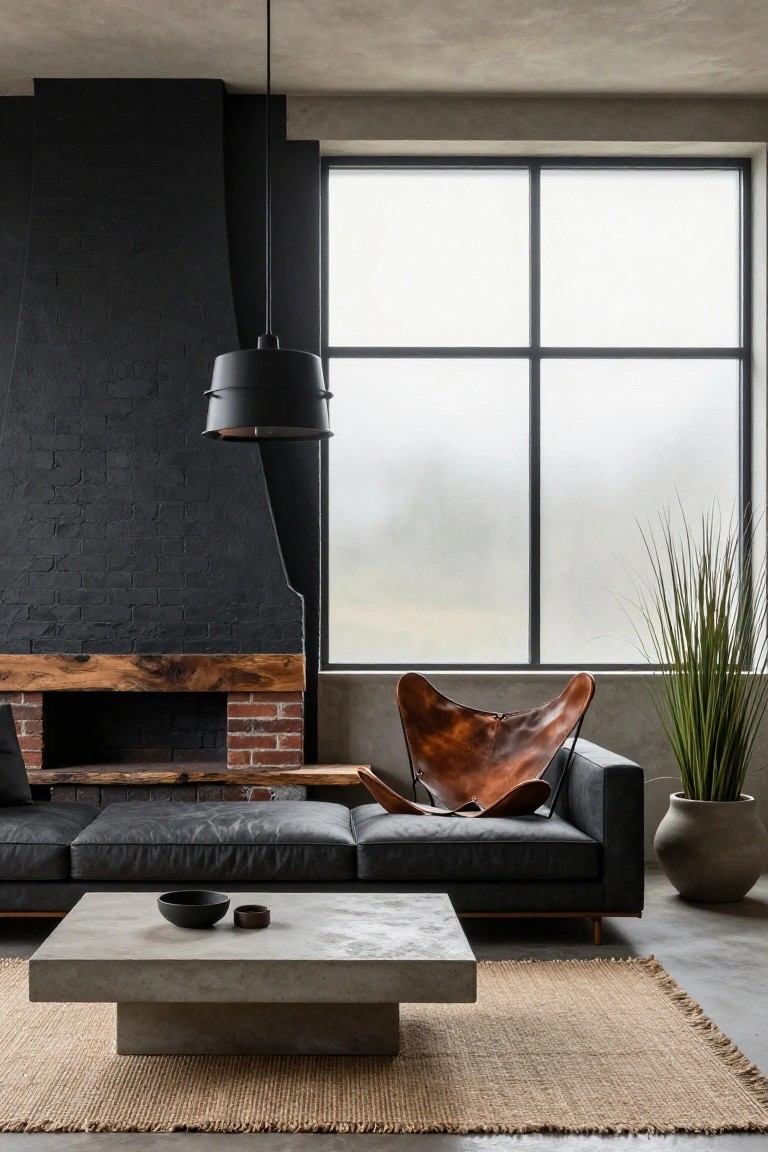 A contemporary living room with tall black brick walls enclosing a fireplace with wood mantel, black leather sofa, tan leather butterfly chair, concrete coffee table, black pendant light, potted grass plant, and large foggy windows.