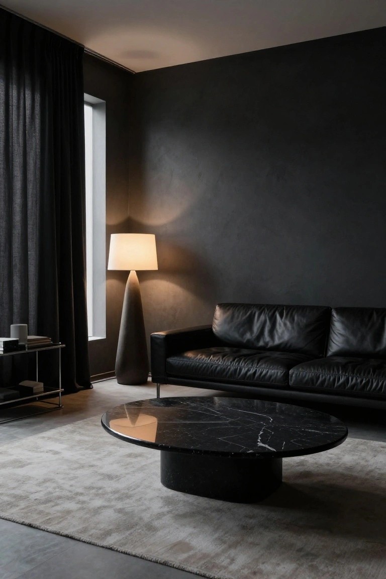 A modern living room with dark textured walls, black leather three-seater sofa, oval black marble coffee table on a light beige rug, tall tapered gray floor lamp with white shade, and slim metal shelving unit near floor-to-ceiling black curtains over a window.