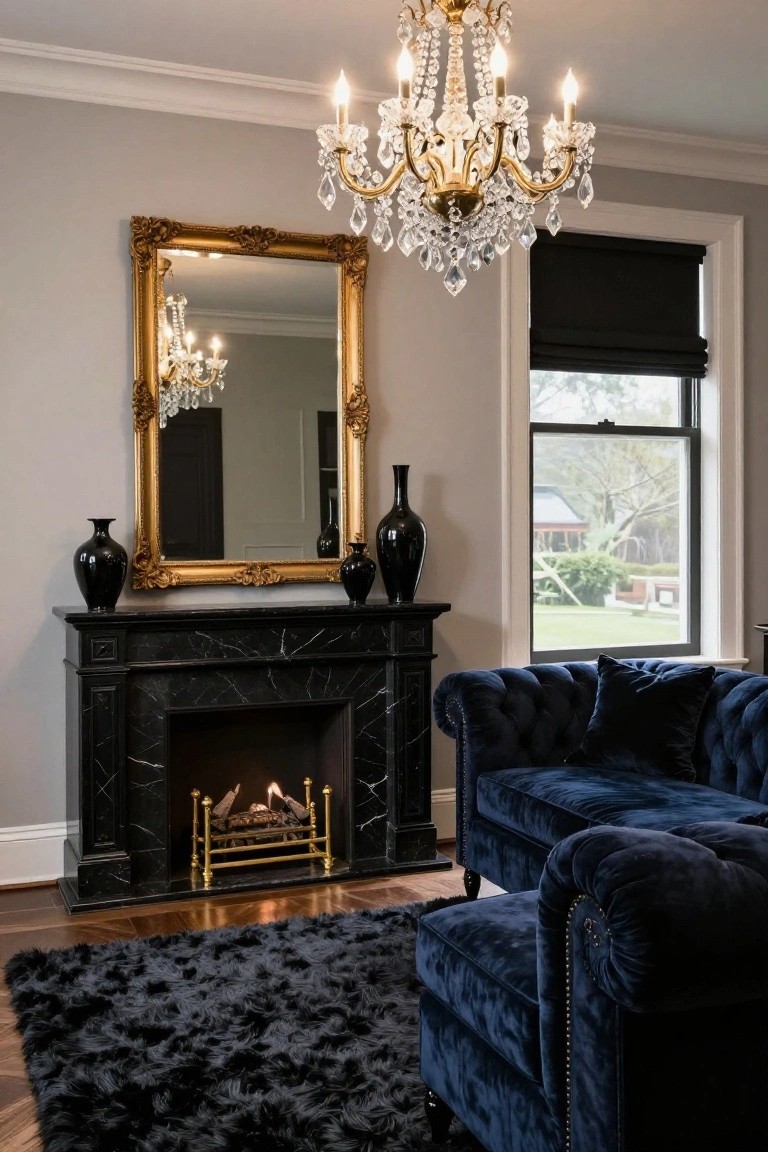 Living room interior with gray walls, black marble fireplace containing a lit fire and gold tools, gold-framed mirror above flanked by black vases, navy velvet sofa on hardwood floor with black rug, crystal chandelier overhead, and window with black blinds overlooking a garden.