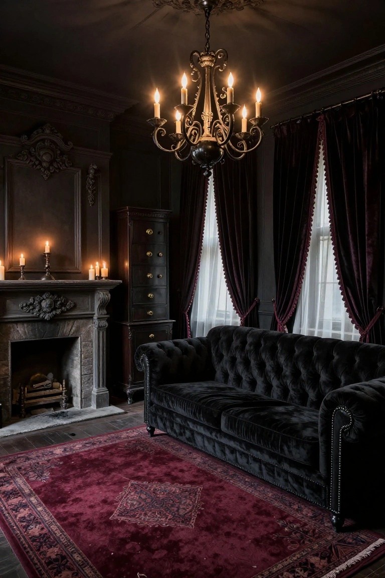 Dark living room interior with black velvet tufted Chesterfield sofa on red Persian rug, ornate stone fireplace with candles, brass candelabras, wooden tallboy cabinet, chandelier, and burgundy velvet curtains at tall windows.