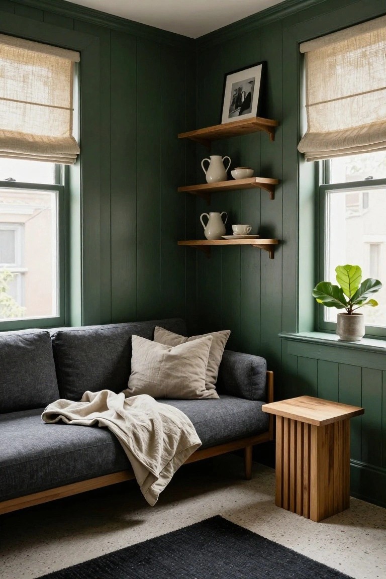 Corner of a living room with dark green vertical paneled walls, two windows with beige linen roman shades, wooden floating shelves holding white pitchers and bowls, gray sofa with beige linen pillows and throw, wooden slatted side table, fiddle leaf fig plant on windowsill, and dark rug on speckled floor.
