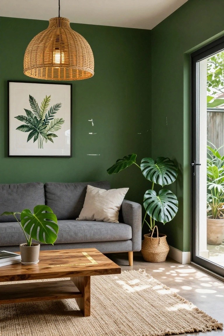 A living room with dark green walls, gray sofa, wooden coffee table, multiple monstera plants, rattan pendant lamp hanging from the ceiling, and a glass door to the garden.