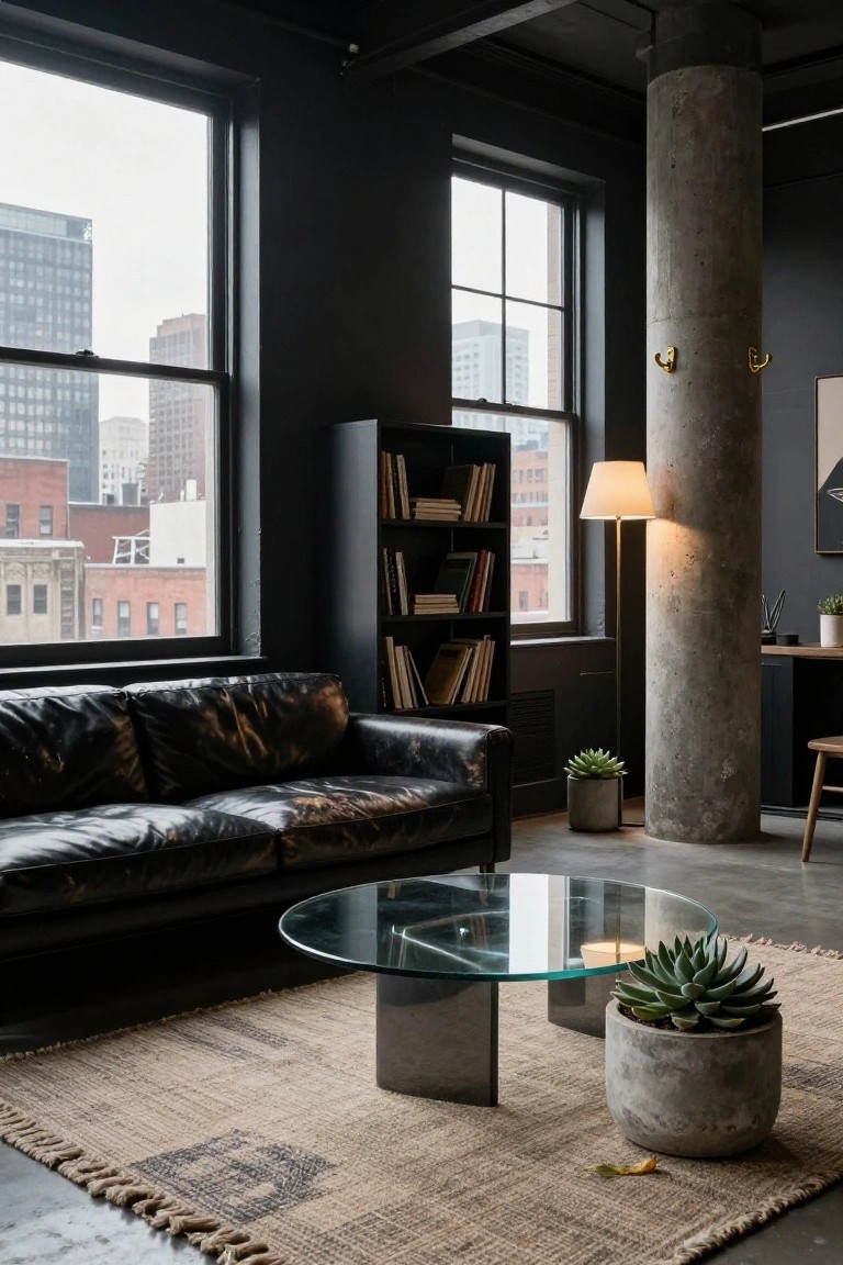 Dark industrial living room with black leather sofa, glass coffee table holding a potted succulent, exposed concrete pillar, tall floor lamp, black bookshelves filled with books, small plants, and large windows showing a city skyline.