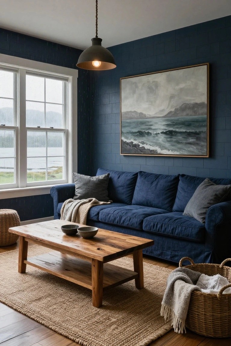 Living room featuring dark navy blue tiled walls, blue velvet sofa with gray pillows and throw, wooden coffee table with bowls, seagrass rug, wicker baskets, and large windows showing a rainy lake view.