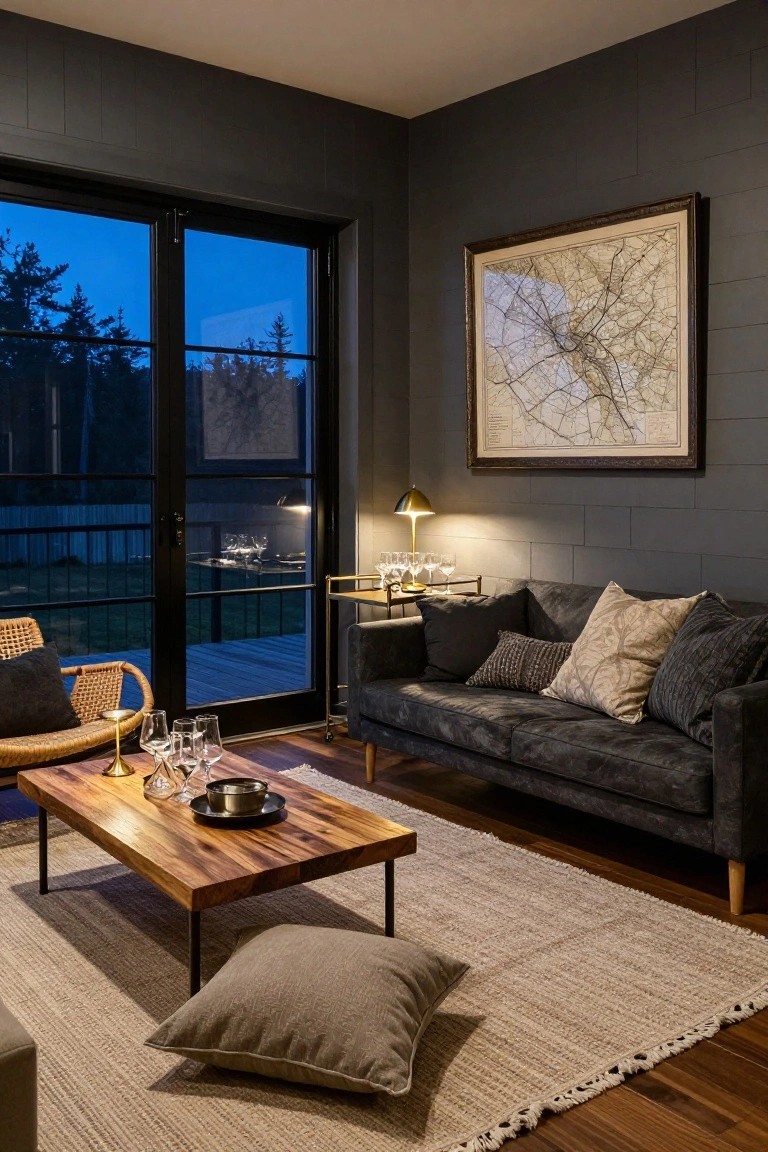 Dark gray plank walls in a living room with gray velvet sofa, wooden coffee table, rattan chairs, glassware on a bar cart, and large black-framed sliding doors to a wooden deck at dusk with trees visible outside.