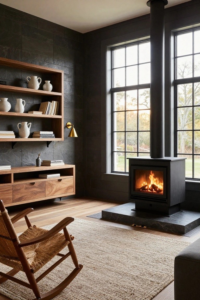 Living room corner with dark slate tiled walls, wooden open shelves holding white pottery and books, low wooden media unit, freestanding black wood stove with active fire, rattan rocking chair on seagrass rug, and tall multi-pane windows showing fall trees outside.