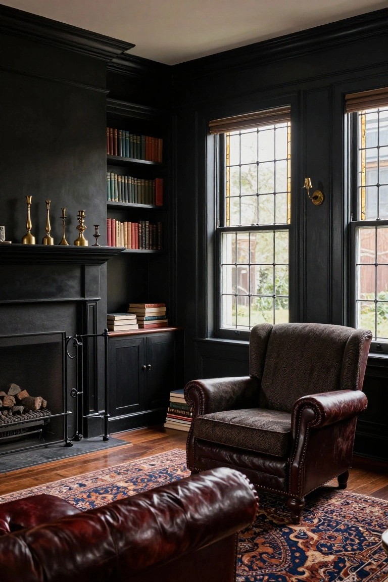 Corner of a dark-painted living room with black walls and trim, a fireplace with wood fire and gold candlesticks on mantel, built-in bookshelves, brown leather wingback chair on a blue and red Persian rug, and tall leaded windows with blinds.