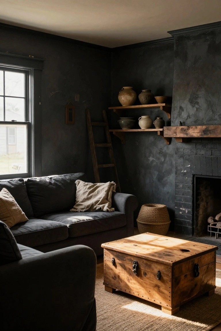 Dark textured plaster walls in a living room with gray sofa, wooden trunk coffee table, brick fireplace, ladder shelf holding pottery jars, and seagrass rug.