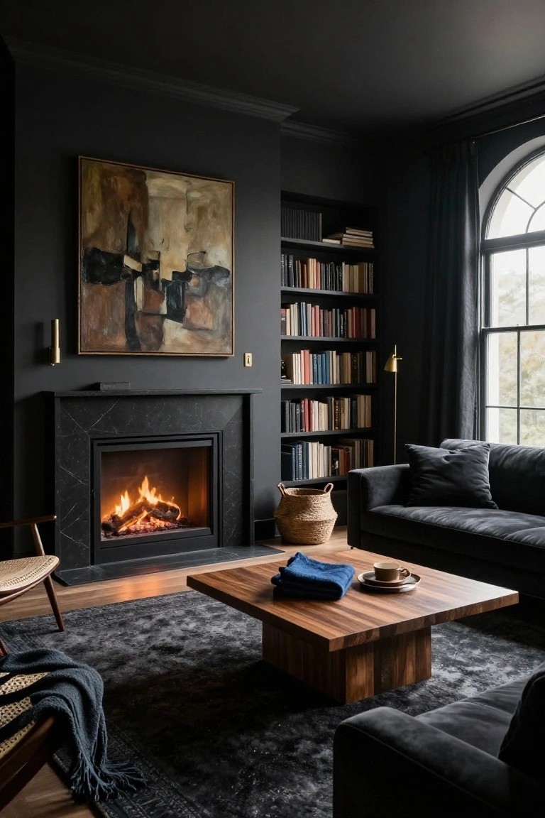 Dark living room with black walls, black marble fireplace burning a fire, built-in bookshelves filled with books, gray velvet sofa, wood coffee table, rattan basket, and arched window with black drapes.