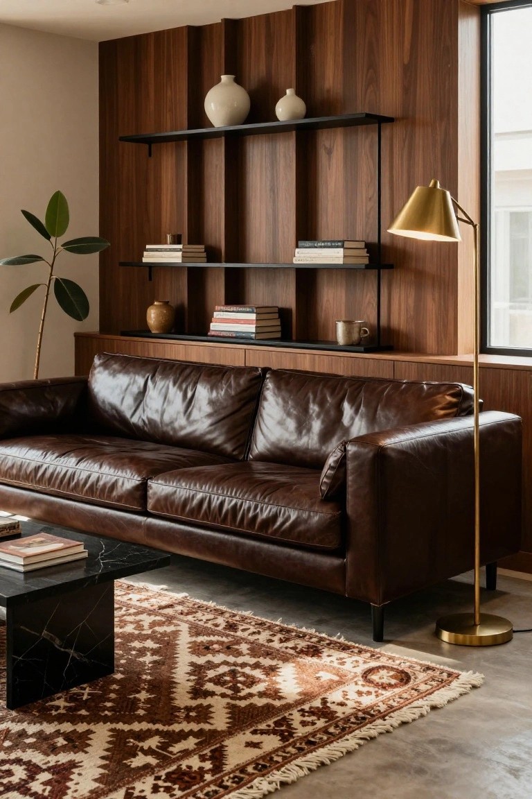 A modern living room with vertical dark wood paneled walls, built-in black shelves holding books, ceramics, and a plant, brown leather sofa, black marble coffee table on a patterned rug, gold floor lamp, and large window.