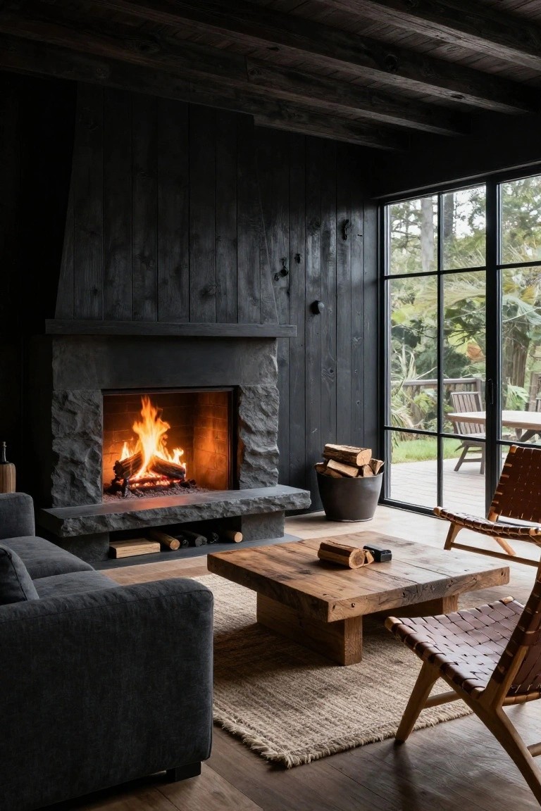 Dark wood paneled living room with black-stained walls and ceiling, large stone fireplace with burning logs, gray sofa, wooden coffee table with logs, leather chairs, seagrass rug, and glass doors to garden patio.