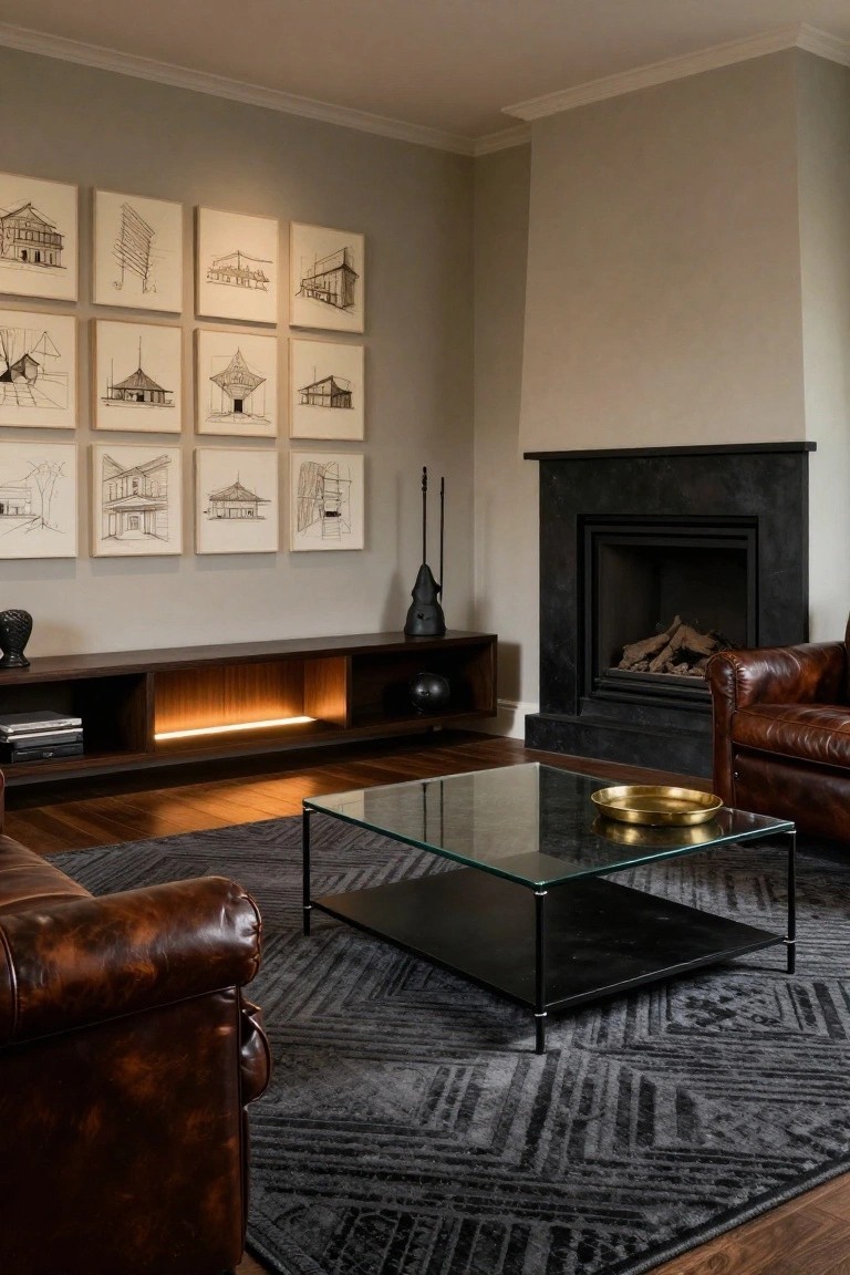 Living room with matte black stone fireplace, two brown leather armchairs, glass coffee table on dark patterned rug, wood media console with underlighting, and grid of nine framed architectural ink drawings on light gray walls.