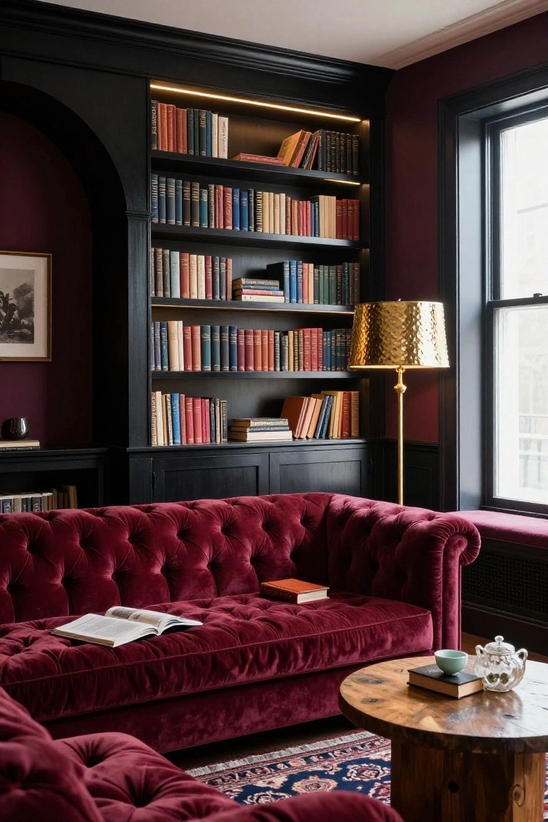 Dark library room with black built-in arched bookshelves filled with multicolored books, deep burgundy tufted velvet L-shaped sofa with open book, brass hammered floor lamp, round wooden side table with books and teacup, purple walls, and large window.