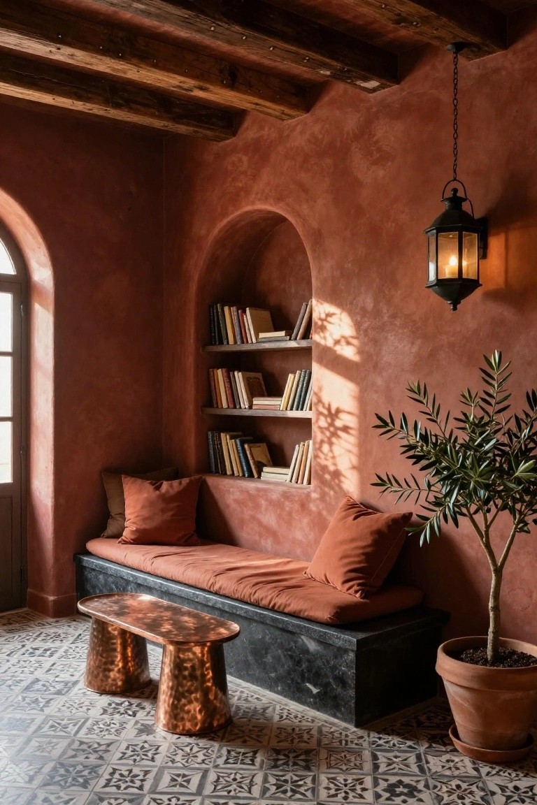 Interior nook with textured terracotta walls, wooden ceiling beams, arched bookshelves filled with books, built-in bench with orange cushions, two hammered copper side tables, potted olive tree, hanging lantern light, and patterned tile floor.