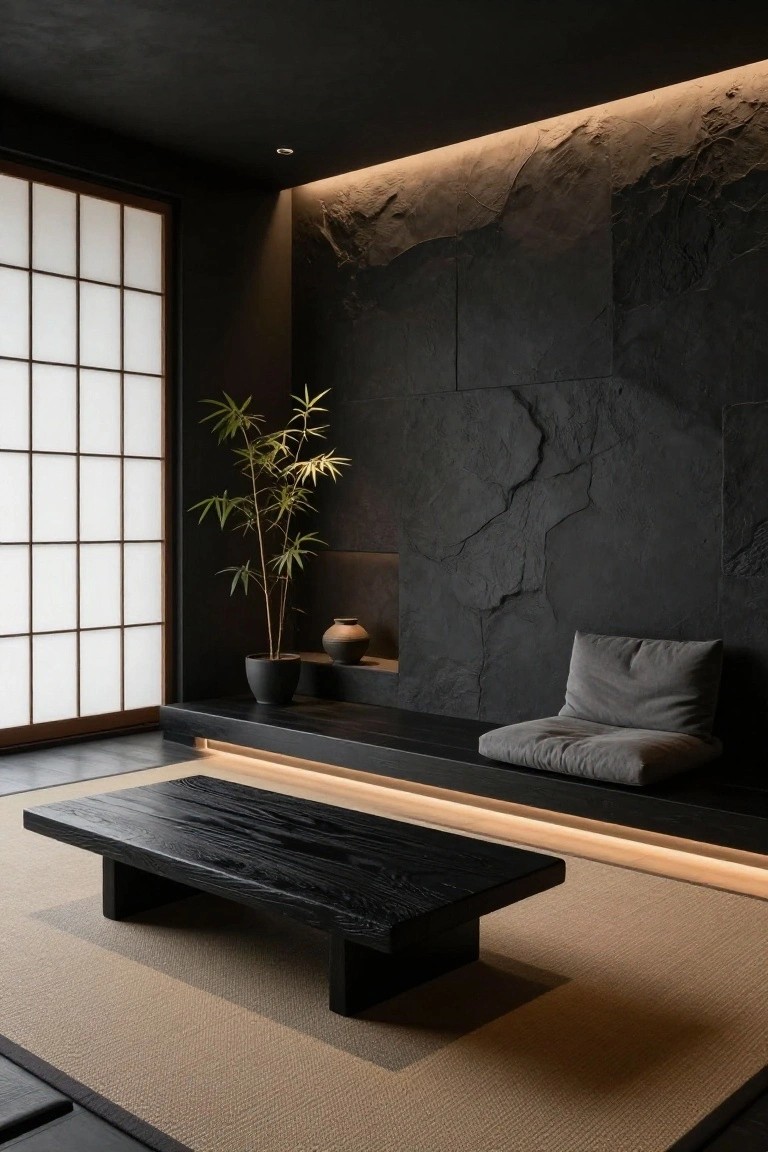 Modern living room featuring a tall black textured stone accent wall with built-in niche, shoji screen window, potted bamboo plant, low black wooden table on beige tatami-style rug, and gray cushioned bench.