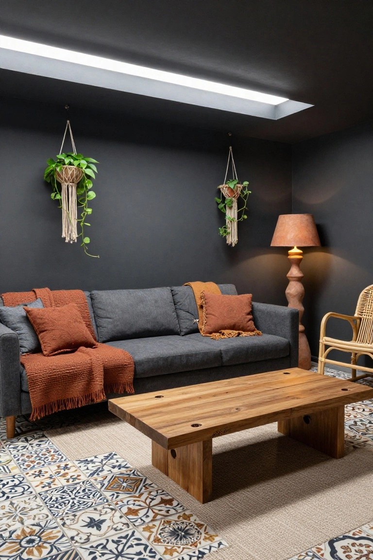 Dark gray living room with gray sofa covered in rust orange pillows and throw, wooden coffee table, terracotta floor lamp, rattan chair, hanging plants, and patterned tile floor.