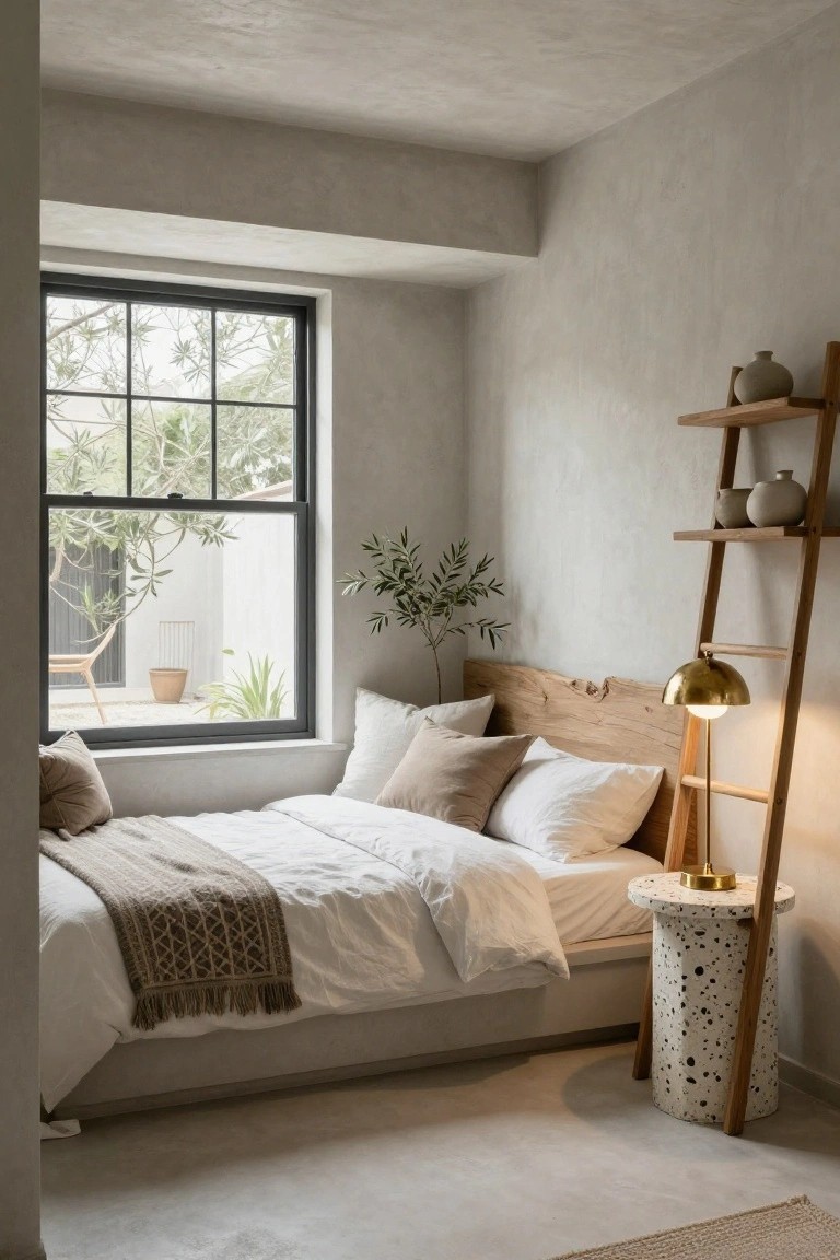 Bedroom corner showing a low white bed with light oak live-edge headboard and beige pillows, a tall leaning wooden ladder shelf with ceramic pots and plants, gold arched floor lamp on speckled white stool with wood legs, beige textured plaster walls and concrete floor, large black metal window frame overlooking olive tree and garden.