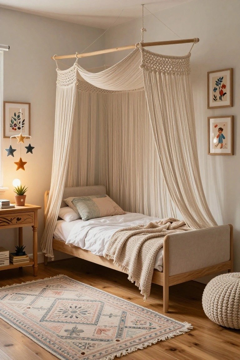 A single wooden bed in a light-colored bedroom under a suspended white macramé and fabric canopy, with neutral pillows, knit throw, wooden side table, potted plant, wall art, star mobile, woven rug, and white pouf on hardwood floors.