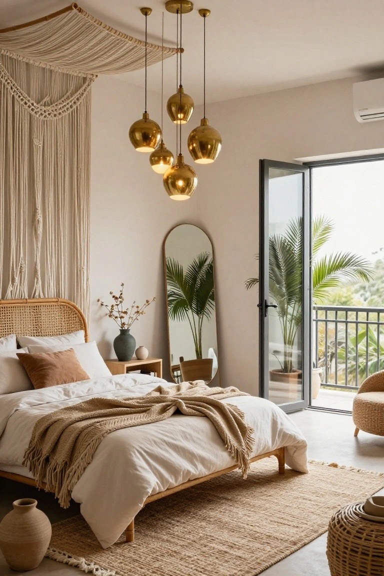 Bedroom interior with rattan bed frame, white bedding topped by beige throw, five clustered brass globe pendant lights from ceiling, macrame wall hanging, arched floor mirror, potted plants, nightstand, and open balcony doors showing palm trees outside.