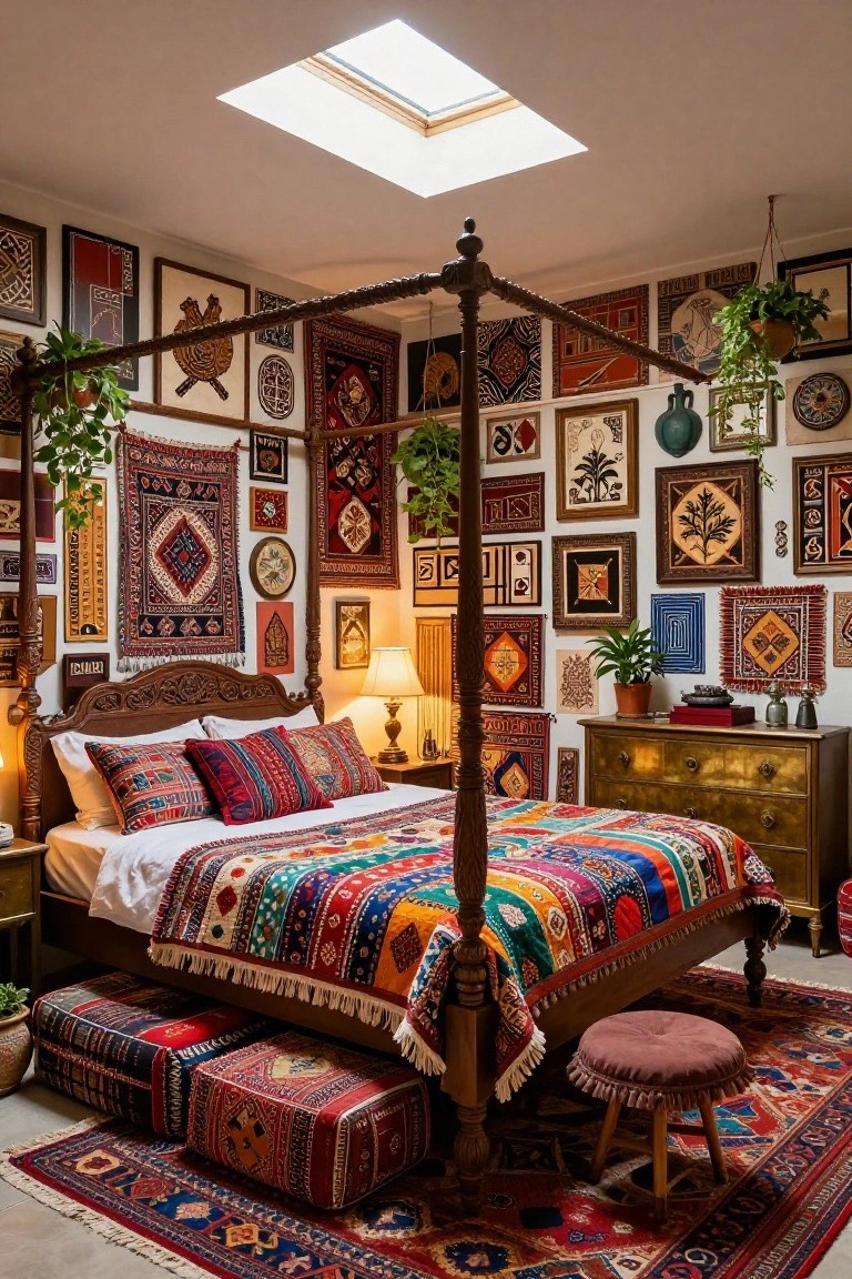 Bedroom with dark wood four-poster bed covered in colorful patterned bedding and pillows, walls densely hung with rugs, tapestries, framed art, and plants, skylight overhead, brass dresser, floor poufs, and red rug.