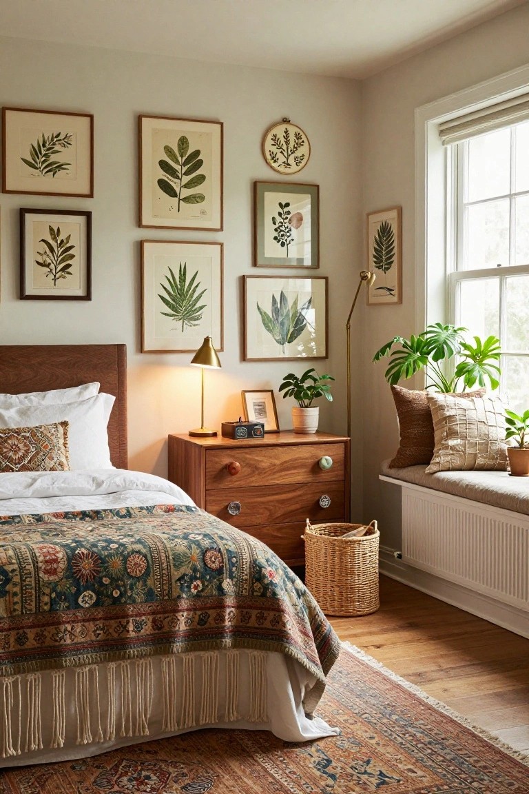 Cozy bedroom corner with wooden bed under patterned blue-green quilt, wooden dresser with gold lamp and potted plants, gallery wall of assorted framed botanical leaf and plant prints on beige walls, window seat with pillows and plants.