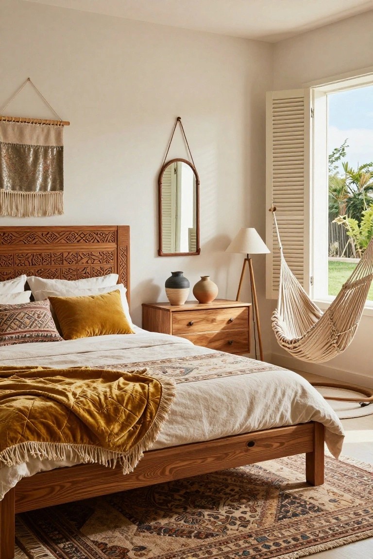 Boho bedroom interior with intricately carved wooden headboard and bed frame, layered white sheets and yellow throw, wooden nightstand holding terracotta pots, rattan mirror on wall, macrame tapestry, and white hammock chair hanging near open window shutters overlooking garden.