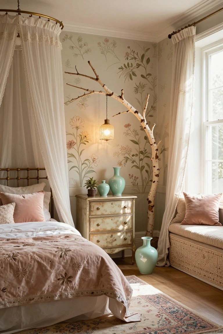Corner of a bedroom with a brass four-poster canopy bed draped in white sheer curtains, floral botanical wallpaper, tall curved birch branch floor lamp, antique dresser with celadon vases, pink bedding, and window seat with cushions.