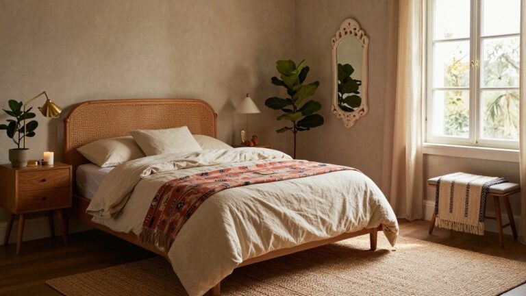 Bedroom interior with a rattan headboard bed dressed in terracotta quilt and white sheets, wooden nightstand holding a potted fiddle leaf fig, ornate gold mirror on beige wall, macrame hanger with plant near window, seagrass rug on hardwood floor.
