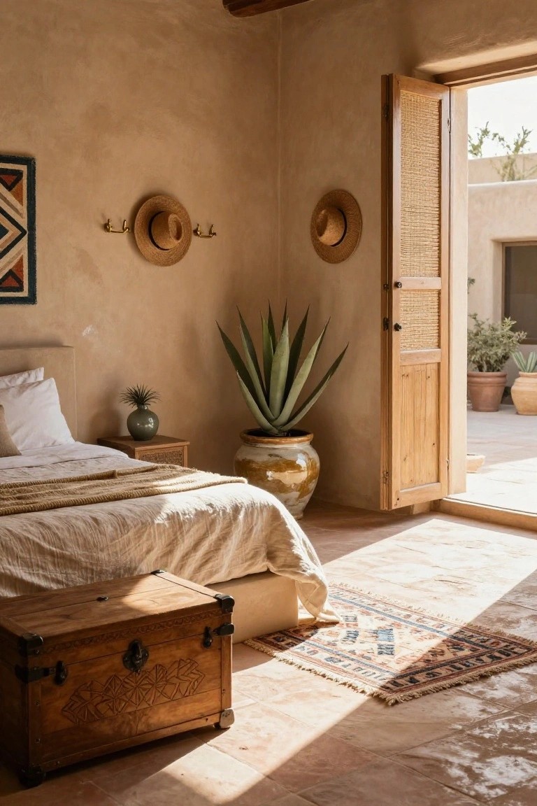A sunlit bedroom with beige stucco walls, a low wooden bed with white linens, a large potted agave plant, open woven wooden shutters leading to a patio with potted plants and terracotta flooring.