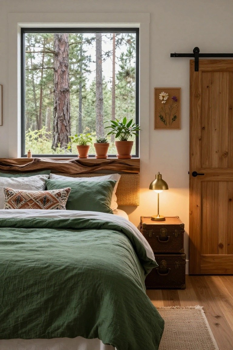 Bedroom with live-edge wooden headboard and windowsill shelf holding potted plants, large black-framed window showing pine forest, green bedding, brass lamp on leather suitcase nightstand, and wooden barn door.