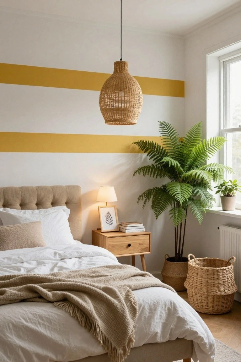 Bedroom interior with white walls featuring two horizontal mustard yellow stripes near the ceiling, rattan pendant light, tall potted fern plant by the window, beige upholstered bed with white sheets and tan throw blanket, wooden nightstand with lamp and books, and woven baskets on the floor.