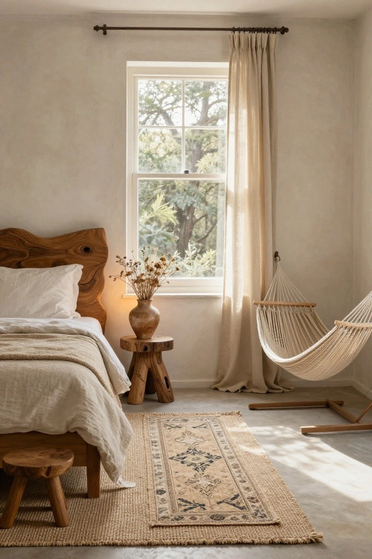 Bedroom with live-edge wooden headboard on low bed with white linen bedding, wooden stool at foot, side table holding terracotta vase of dried flowers, hanging white hammock chair near window with sheer curtains, neutral walls, and woven rug on concrete floor.