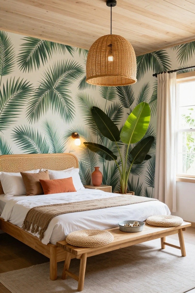 Boho bedroom with green palm leaf wallpaper on one wall, rattan bed frame and headboard with white bedding and orange pillows, large potted banana plant, terracotta vase, rattan pendant light, wooden bench with round woven cushions at bed foot, on light wood floors with beige rug.