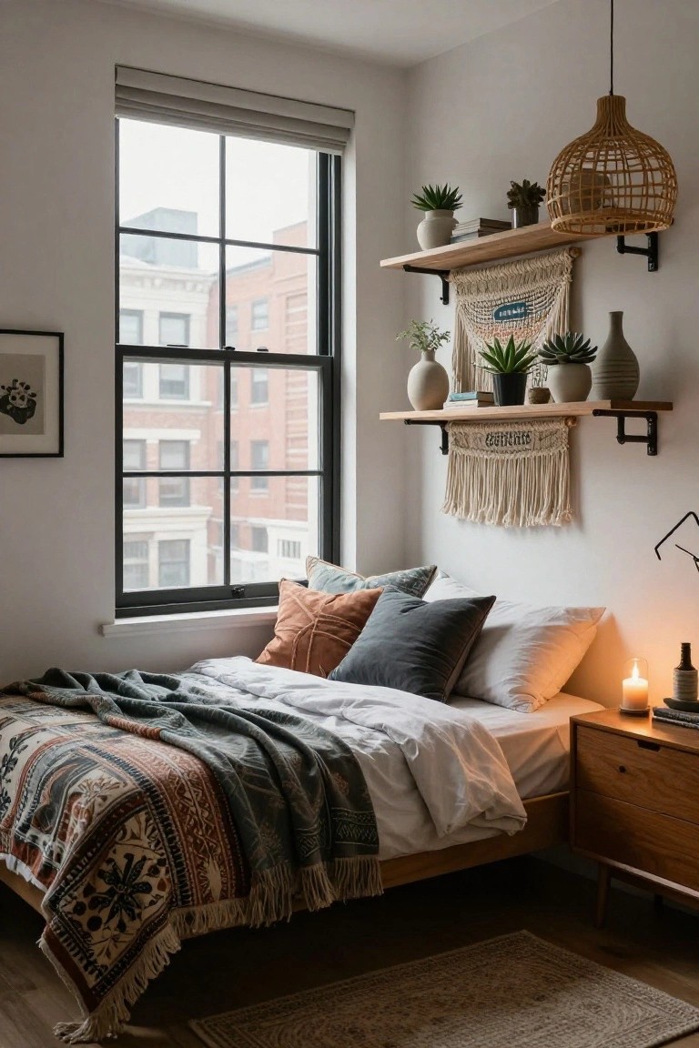 Small white bedroom with low wooden bed covered in layered gray and colorful blankets and pillows, wooden floating shelves above displaying plants in ceramic pots and vases, macrame wall hanging below shelves, large window with blinds, wooden nightstand with candle and lamp.