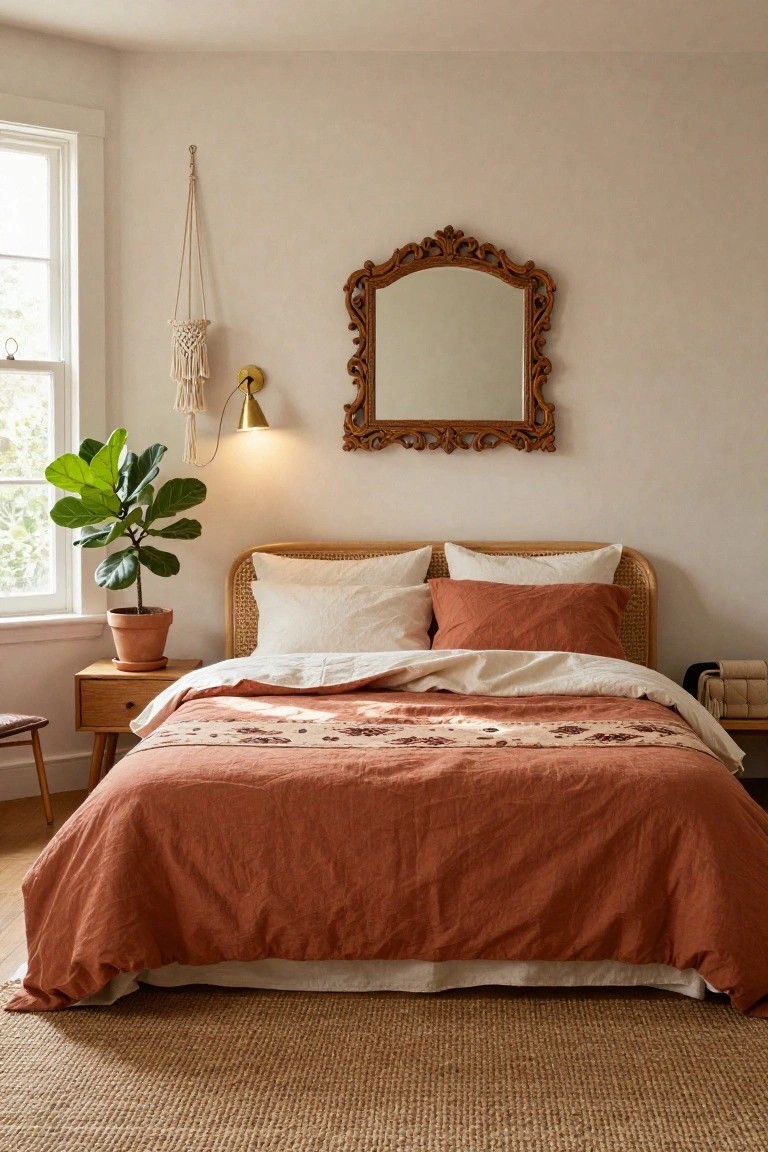 Bedroom interior with a rattan headboard bed dressed in terracotta quilt and white sheets, wooden nightstand holding a potted fiddle leaf fig, ornate gold mirror on beige wall, macrame hanger with plant near window, seagrass rug on hardwood floor.