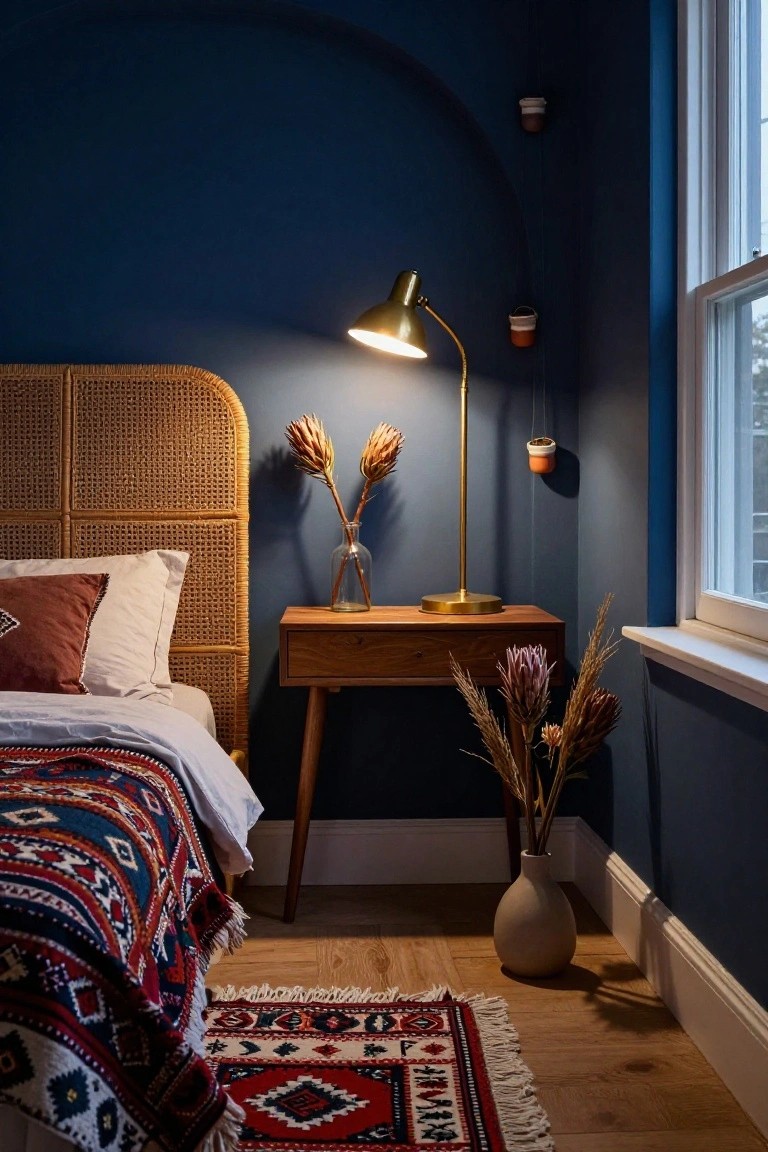 Corner view of a bedroom with deep navy blue walls, rattan headboard bed draped in a colorful patterned throw and white sheets, wooden nightstand holding a brass arched lamp and glass vase of dried protea flowers, plus hanging terracotta planters and a kilim rug on oak floors.