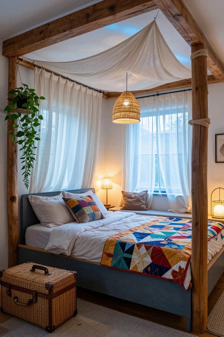 Bedroom interior with rustic wooden four-poster bed frame draped in white sheer fabric, colorful geometric quilt on bed, hanging plants, wicker lamps, and bedside table.