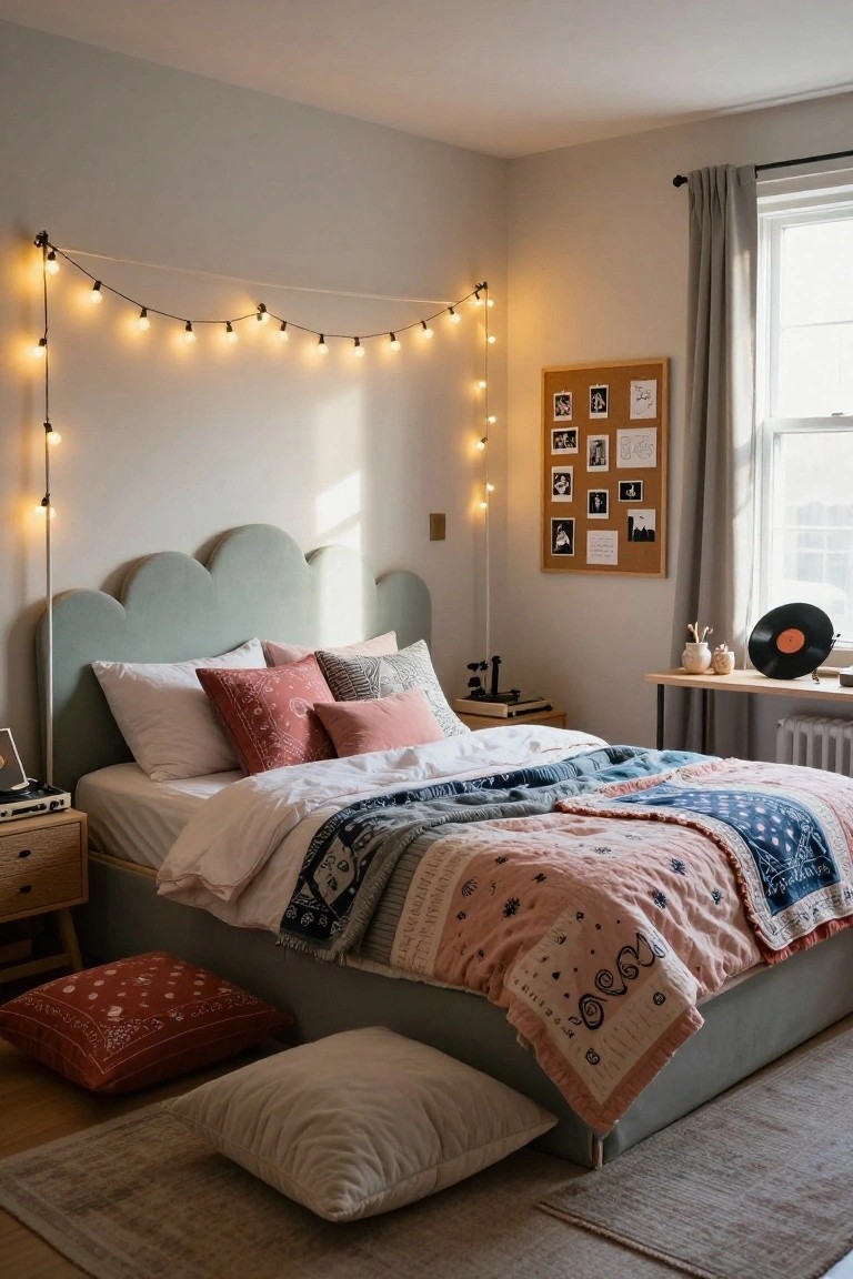 Bedroom interior featuring a curved teal scalloped upholstered headboard on a platform bed with colorful patterned quilts and pillows, string lights along the wall, a corkboard with photos, and wooden nightstands.