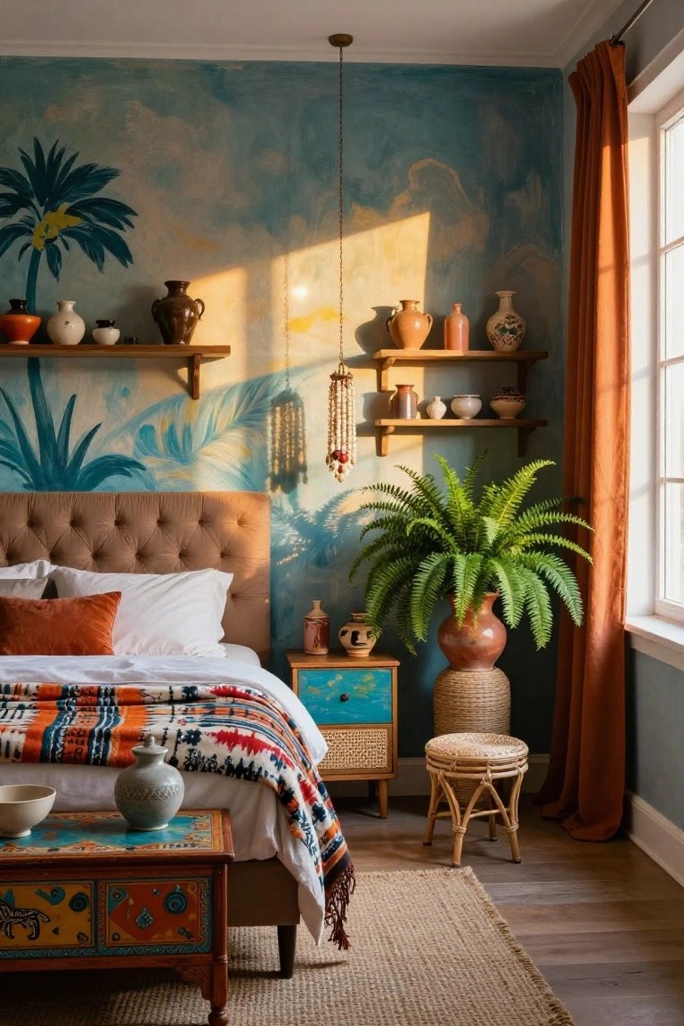 Boho bedroom with teal mural wall showing palm trees and sky, shelves holding assorted terracotta pottery, tufted beige bed with white sheets and orange throw pillows, colorful side tables, large potted fern in terracotta pot, and orange curtains over window.