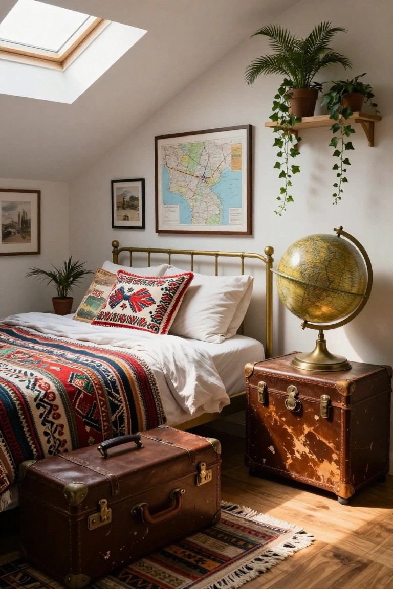 Attic bedroom with brass bed frame, colorful patterned bedding and pillows, two brown leather vintage suitcases as bedside tables, brass globe on one, maps and photos on white walls, potted plants, and skylight above wooden floor.