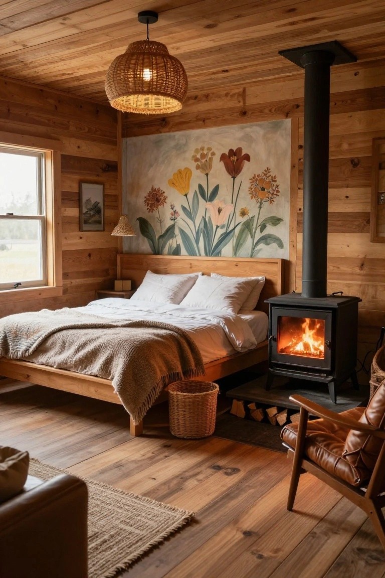 Wooden-paneled bedroom with a wood-frame bed covered in white sheets and gray throw, lit freestanding wood stove next to it, colorful flower mural on wall, rattan pendant light overhead, leather armchair, wicker basket, and window showing fields outside.