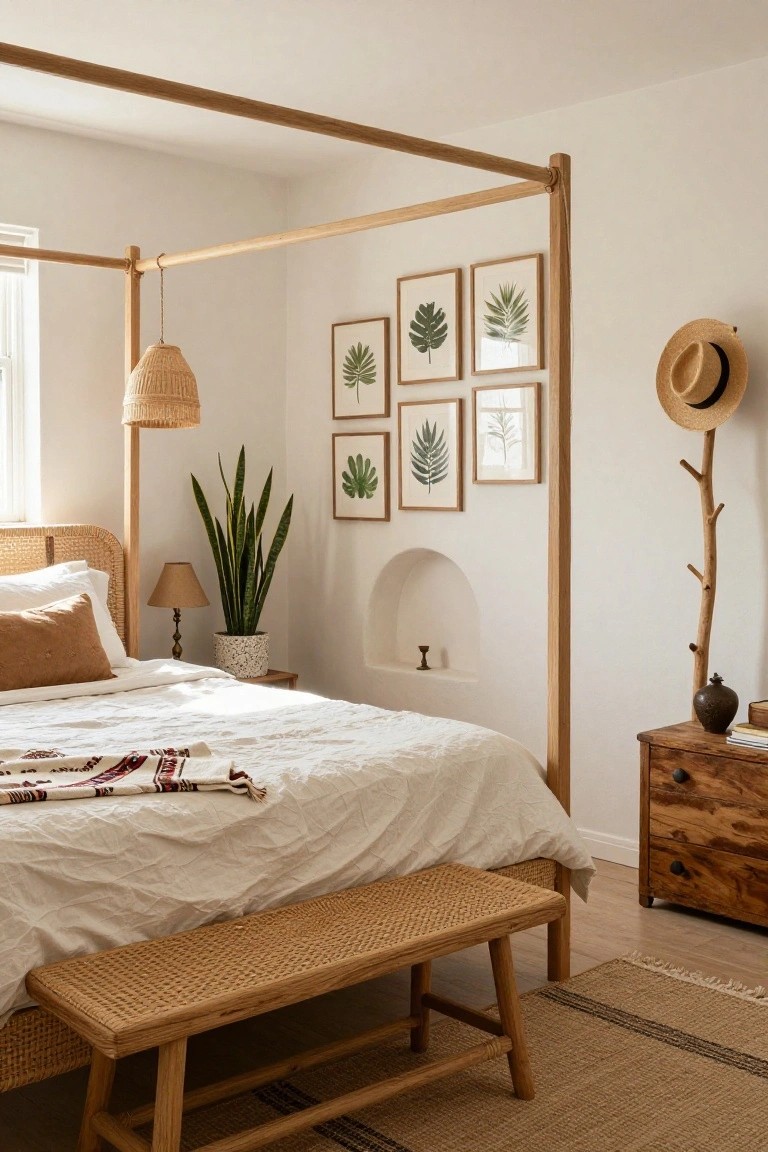 Bedroom with light walls and wooden floors featuring a tall natural wood canopy bed with rattan headboard and foot bench, white bedding with terracotta pillows and plaid throw, snake plant in white pot on wood side table, framed green leaf prints, rattan pendant lamp, wooden dresser, and seagrass rug.
