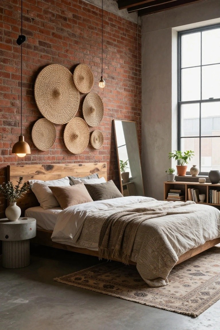 Bedroom with exposed brick walls decorated by clustered round woven baskets, wooden platform bed with white sheets and beige throw, potted plants, full-length mirror, and large window.