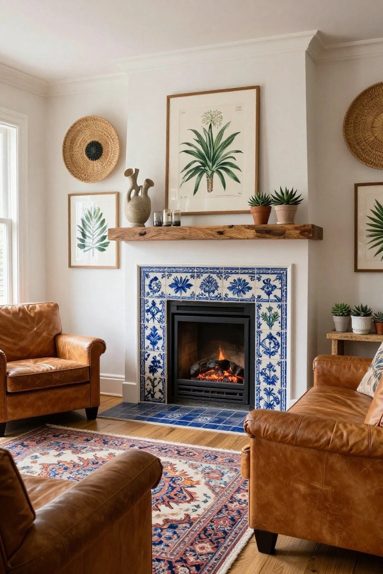Living room with white walls, blue patterned tile fireplace surround, rustic wood mantel shelf with plants and ceramics, two tan leather armchairs, Persian rug on wood floor, and botanical art prints.
