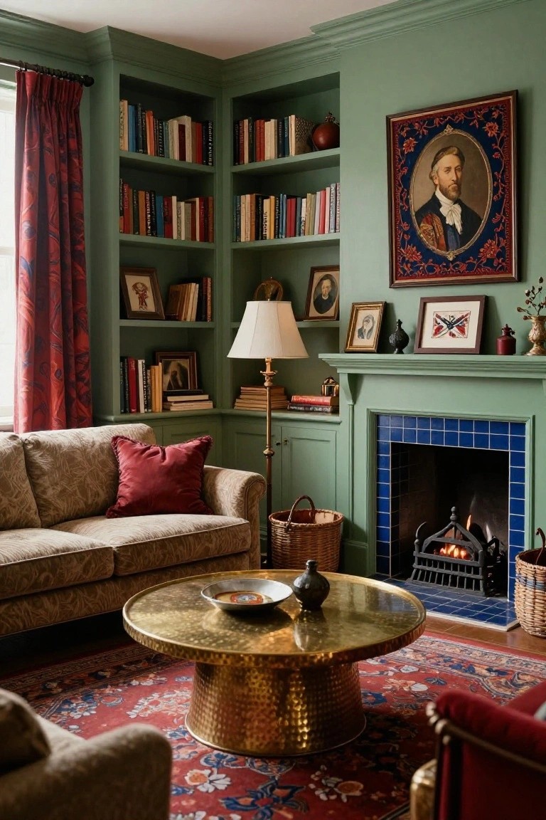 Sage green built-in bookshelves filled with books, framed art, vases, and objects surround a blue-tiled fireplace in an eclectic living room with a beige sofa, brass coffee table, red curtains, and patterned rug.