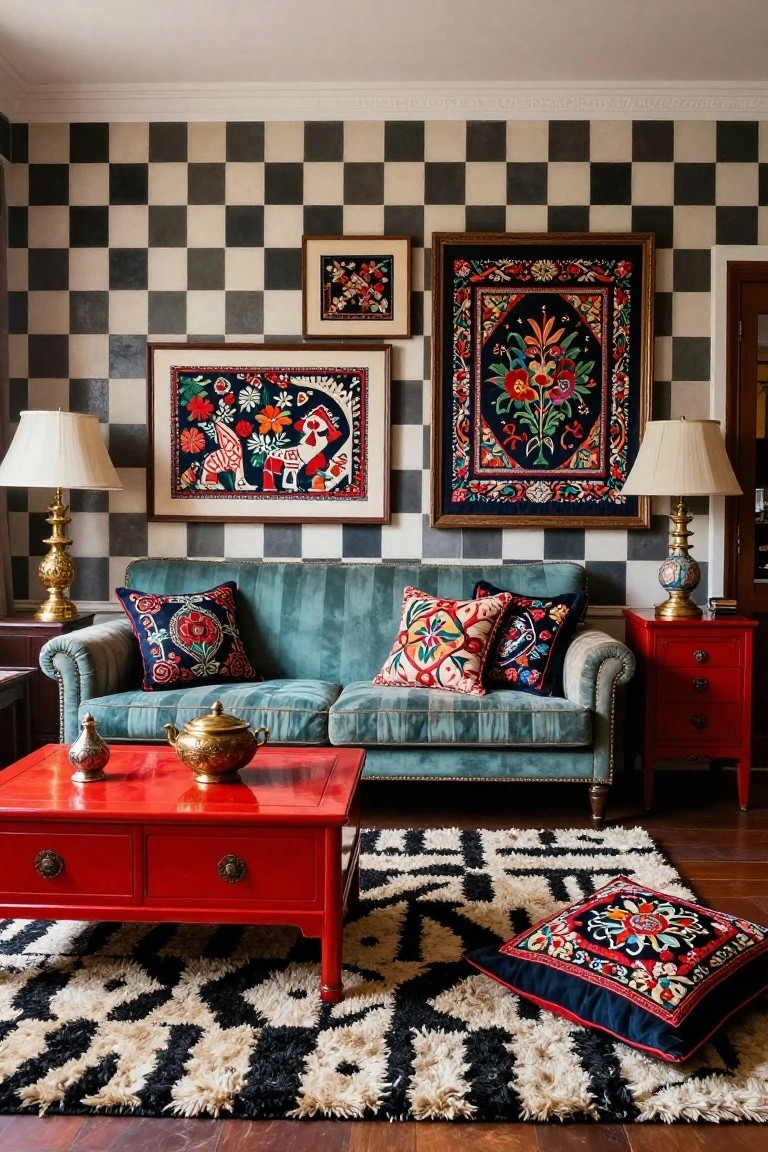 Living room featuring black-and-white checkered wallpaper, teal tufted sofa with multicolored embroidered pillows, red lacquered coffee table, brass lamps, and framed embroidered artworks on the walls.