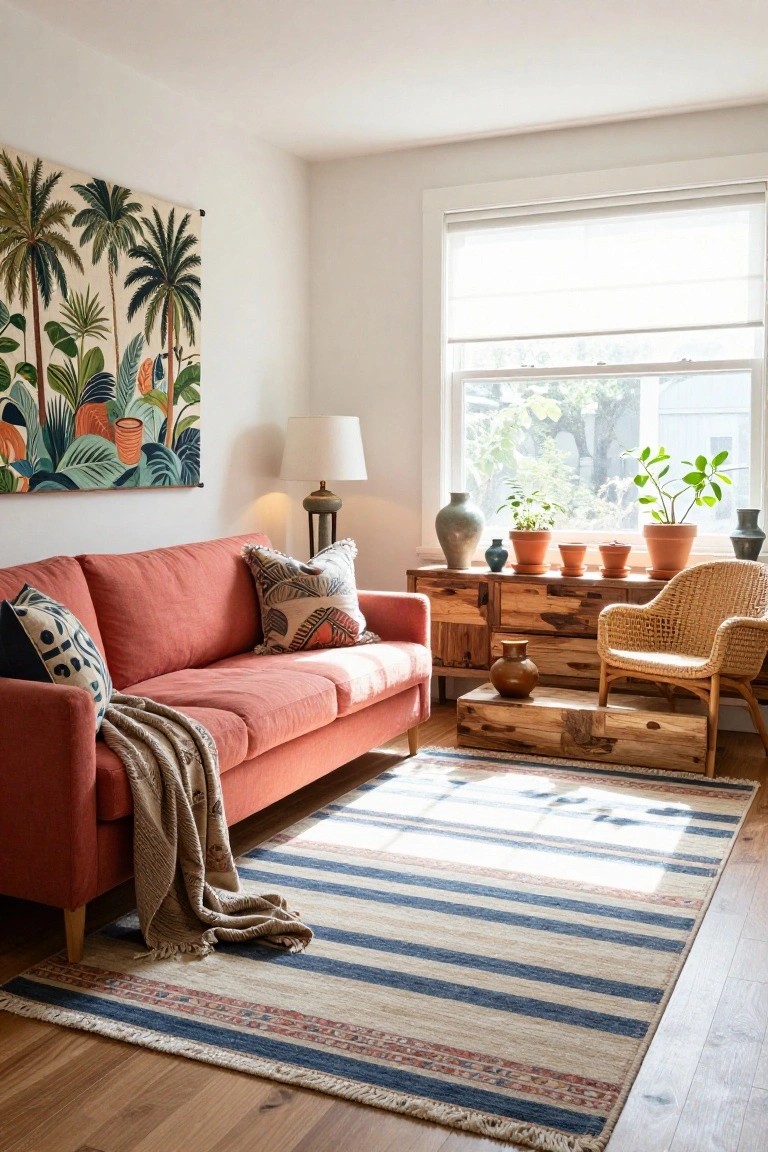 Living room interior with coral sofa draped in a throw, tropical leaf-patterned wall art, multiple potted plants on windowsill and shelves, rattan chair, wood credenza with vases, lamp, and striped rug on wood floor.