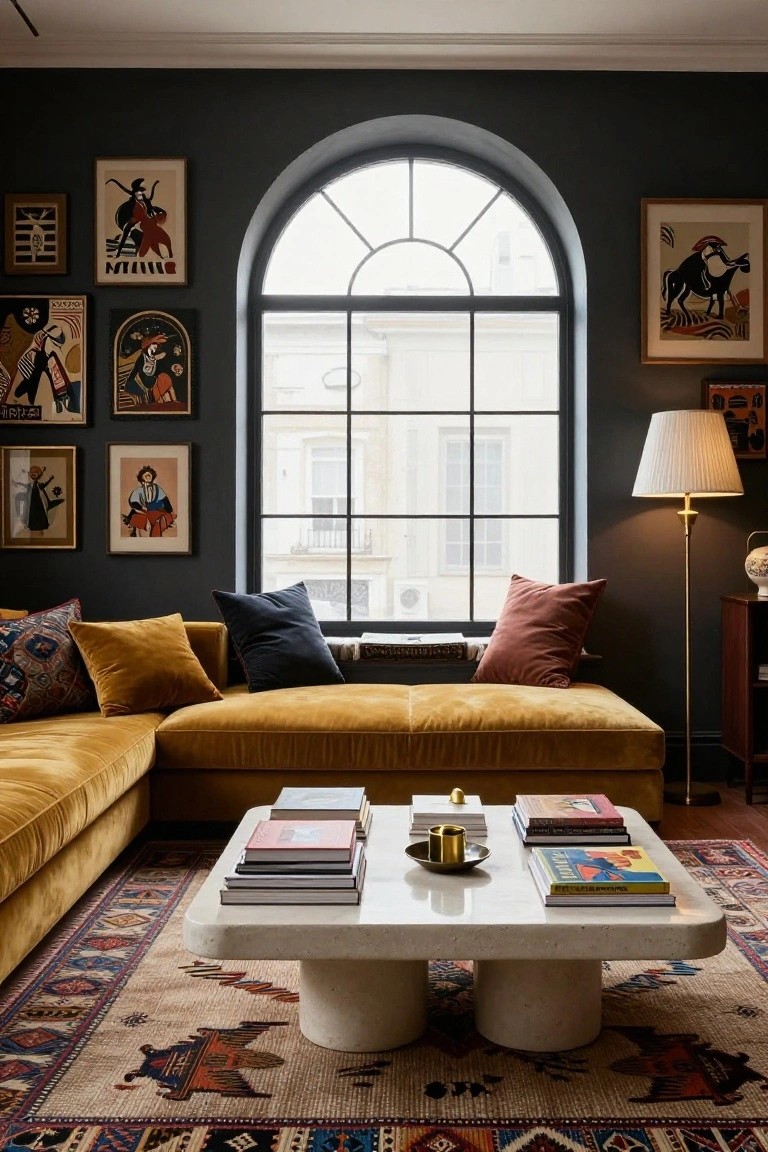 Living room featuring dark gray walls with multiple colorful eclectic art pieces, mustard yellow velvet L-shaped sofa, white stone coffee table stacked with books, patterned rug, and large arched window with floor lamp.