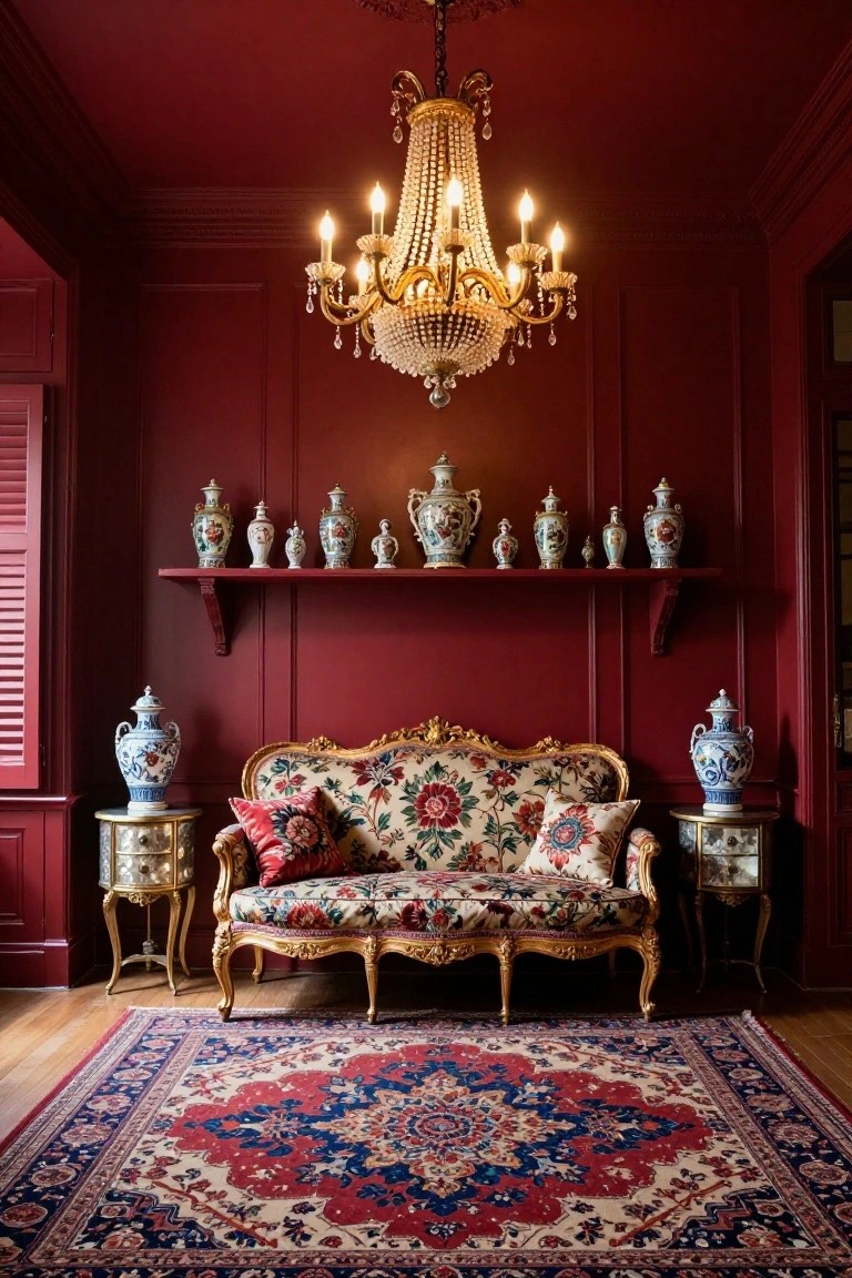 Deep red paneled room with crystal chandelier overhead, open wooden shelf displaying multiple blue and white porcelain vases, ornate floral sofa flanked by side tables holding matching vases, and large red and blue patterned rug on wood floor.